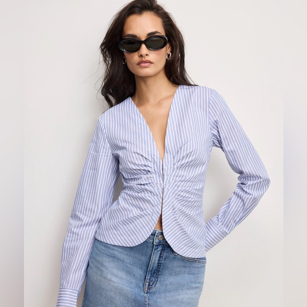 Good American Blue and White Striped V-Neck Ruched Blouse